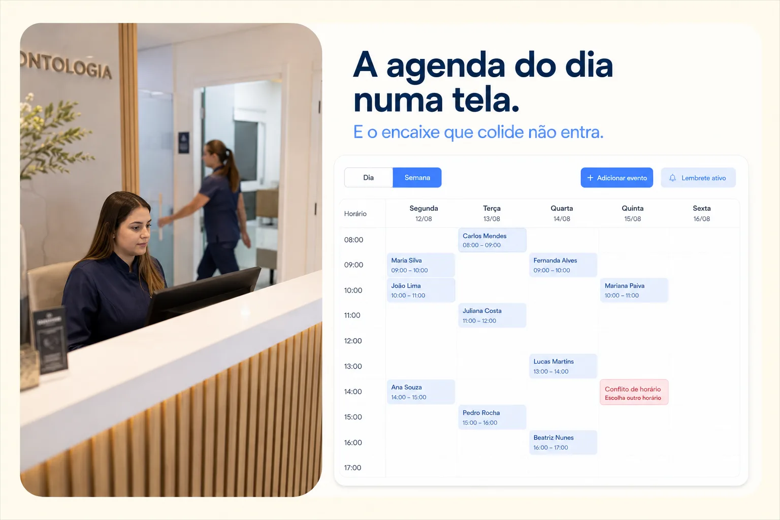 Agenda semanal do Clinitalk com um conflito de horário sinalizado